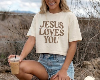 Jesus Loves You Retro Comfort Colors Boxy Tee T-shirt Bible Vintage Cropped Tshirt Christian Faith Based Apparel Religious Youth Group Shirt