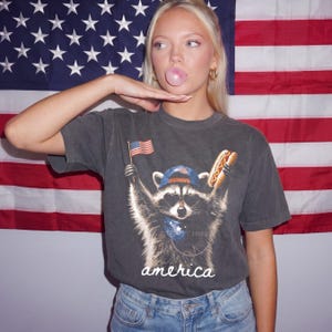 Patriotic Raccoon Hotdog T-Shirt Comfort Colors Funny Meme USA America 4th of July Tee American Flag Independence Day Humor Unisex Shirt imagem 4