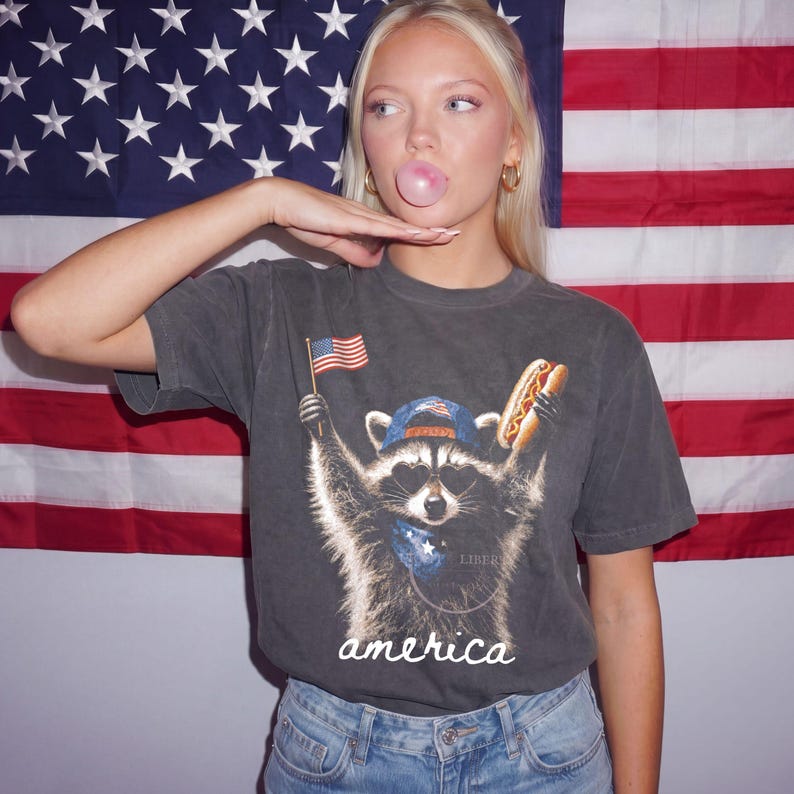 Patriotic Raccoon Hotdog T-Shirt Comfort Colors Funny Meme USA America 4th of July Tee American Flag Independence Day Humor Unisex Shirt imagem 4