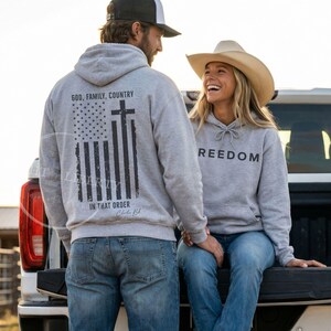 FREEDOM Hoodie God Family Country Distressed American Flag Christian Cross Charlie Kirk Unisex Pullover Hooded Sweatshirt Patriotic USA Gift Sport Grey