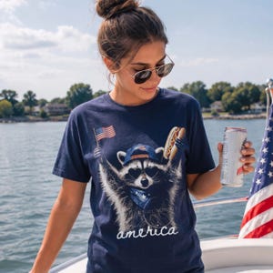 Patriotic Raccoon Hotdog T-Shirt Comfort Colors Funny Meme USA America 4th of July Tee American Flag Independence Day Humor Unisex Shirt True Navy