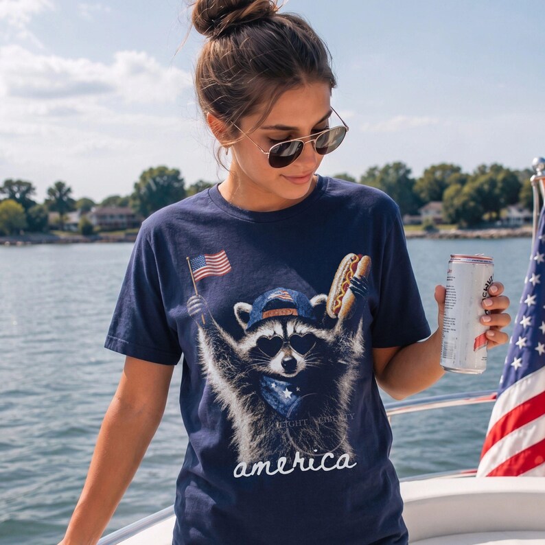 Patriotic Raccoon Hotdog T-Shirt Comfort Colors Funny Meme USA America 4th of July Tee American Flag Independence Day Humor Unisex Shirt True Navy