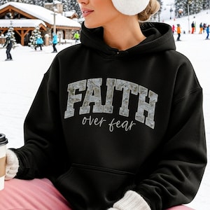 Christian Hoodie Faith Over Fear Camo Style Hooded Sweatshirt Faith Apparel Women Inspirational Cozy Fleece Trendy Teen Baptism Gift