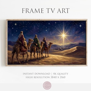 May include: A framed digital art print depicts three figures on camels traveling through a desert landscape under a starry night sky. A bright star shines above a distant town. The text "FRAME TV ART" is at the top.