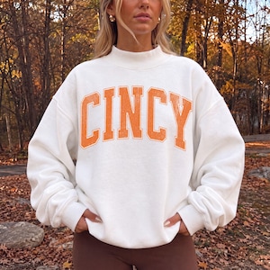 Women's CINCY Fleece Mock-Neck Crew Sweatshirt, Distressed Varsity Style Turtleneck Sweater, Personalizable Custom Sports Team City School