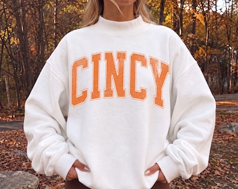 Women's CINCY Fleece Mock-Neck Crew Sweatshirt, Distressed Varsity Style Turtleneck Sweater, Personalizable Custom Sports Team City School
