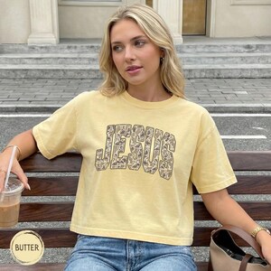 Camo JESUS Womens Boxy Tee Comfort Colors Cotton Slightly Cropped T-Shirt Vintage Wash Distressed Camouflage Christian Faith Shirt Crop Top Butter