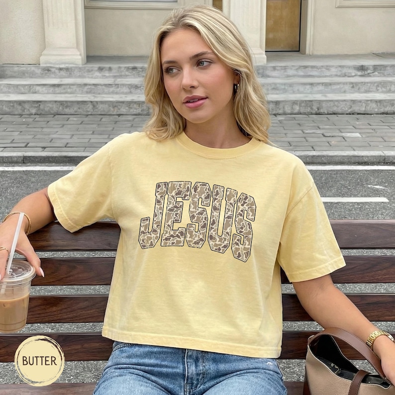 Camo JESUS Womens Boxy Tee Comfort Colors Cotton Slightly Cropped T-Shirt Vintage Wash Distressed Camouflage Christian Faith Shirt Crop Top Butter