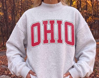OHIO Fleece Mock-Neck Crew Sweatshirt, Vintage Distressed Varsity Style Mockneck Turtleneck Sweater, Personalized Sports Team City School