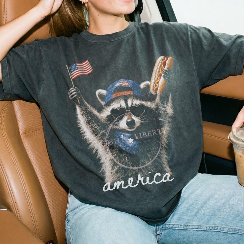 Patriotic Raccoon Hotdog T-Shirt Comfort Colors Funny Meme USA America 4th of July Tee American Flag Independence Day Humor Unisex Shirt Pepper