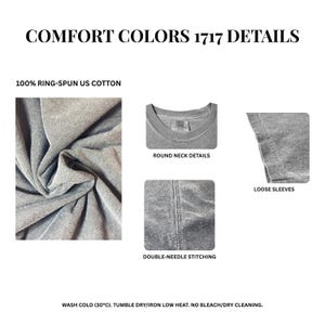 Pode incluir: Imagens detalhadas de uma camiseta cinza com o texto "COMFORT COLORS 1717 DETAILS". Inclui detalhes de gola redonda, mangas soltas e costura dupla. Feito de 100% algod&atilde;o americano ring-spun.