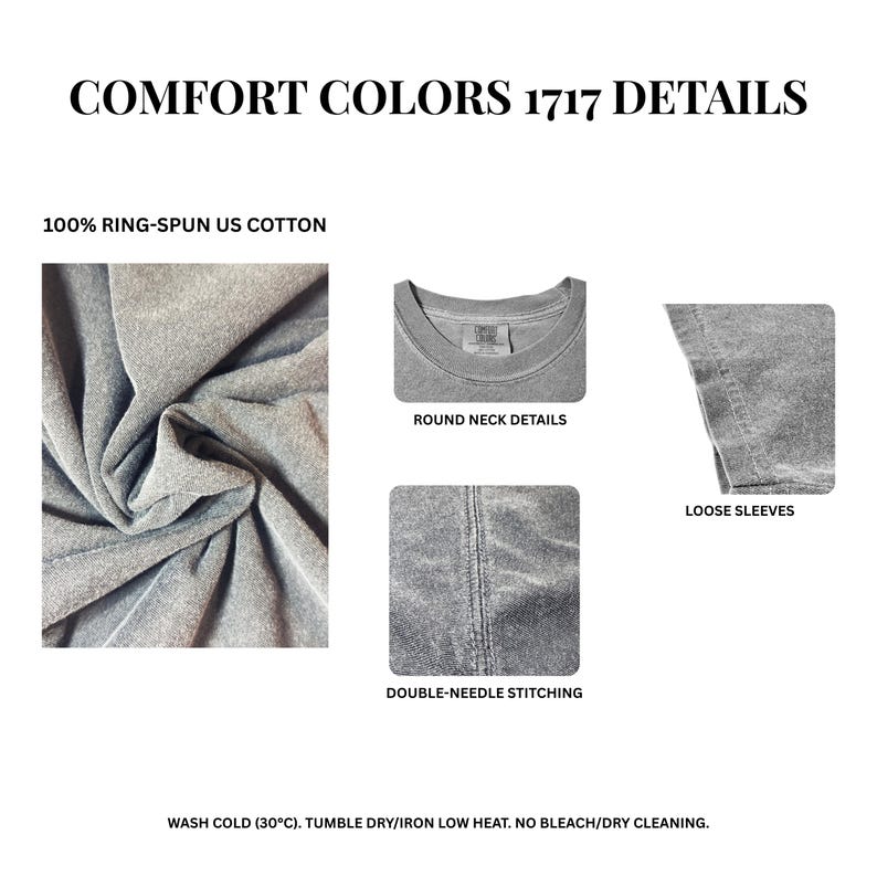 Pode incluir: Imagens detalhadas de uma camiseta cinza com o texto "COMFORT COLORS 1717 DETAILS". Inclui detalhes de gola redonda, mangas soltas e costura dupla. Feito de 100% algod&atilde;o americano ring-spun.