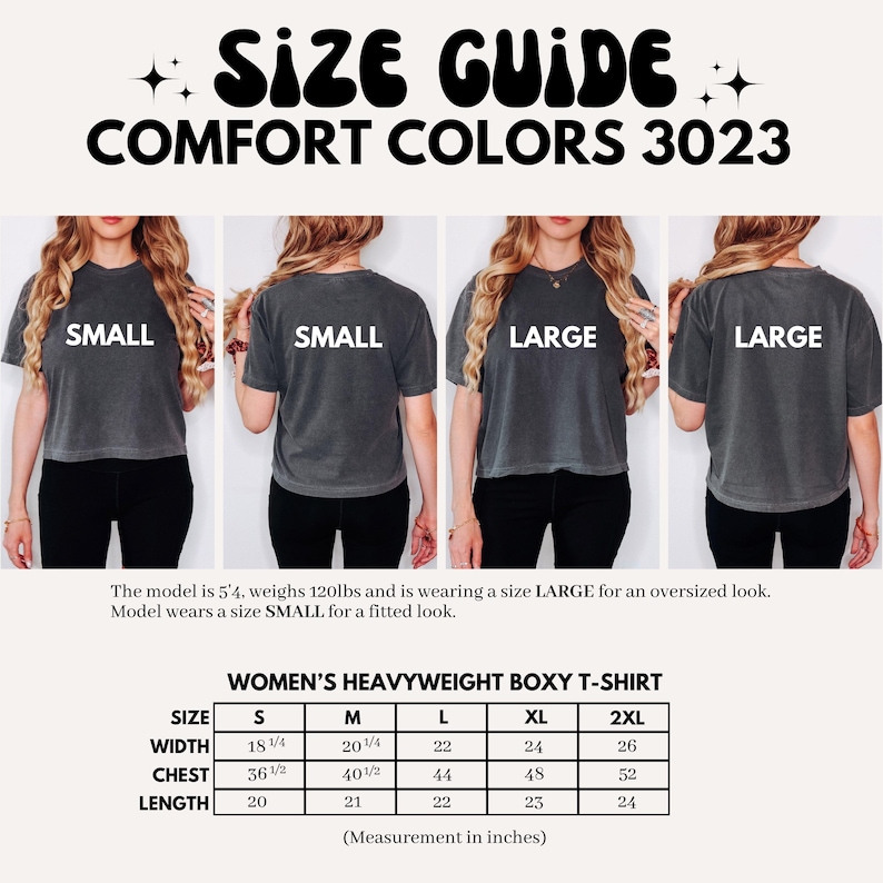 May include: Size guide for Comfort Colors 3023 heavyweight boxy t-shirts. The image shows models wearing the shirts in sizes Small and Large. A size chart provides measurements in inches for sizes S to 2XL, including width, chest, and length.