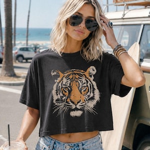 Vintage Tiger T-Shirt Comfort Colors® Boxy Tee Distressed Retro Animal Graphic, Cincy Bengals Crop Top