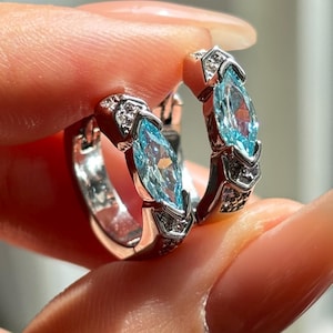 Sterling Silver Aquamarine Hoop Earrings: CZ Accents, March Birthstone