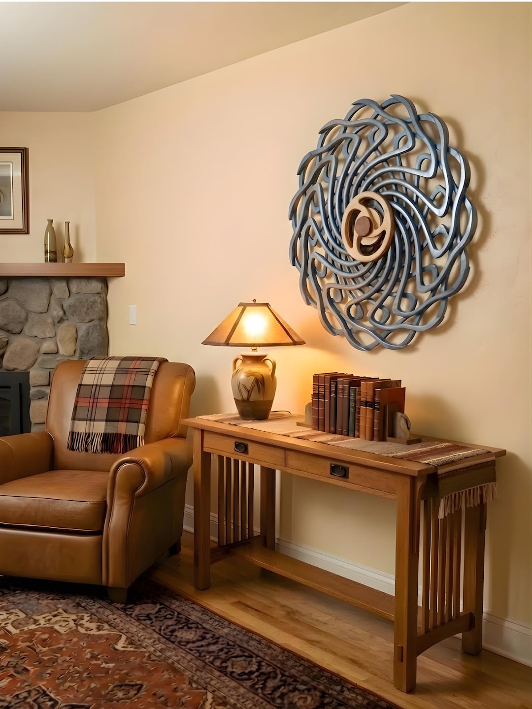 Mandala kinetic wall art styled for calm living rooms