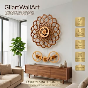 Moving Mandala Tabletop Kinetic Sculpture, Handcrafted Wooden Desk Art, Luxury Gift for Men, Wind-Up Living Room Shelf Decor