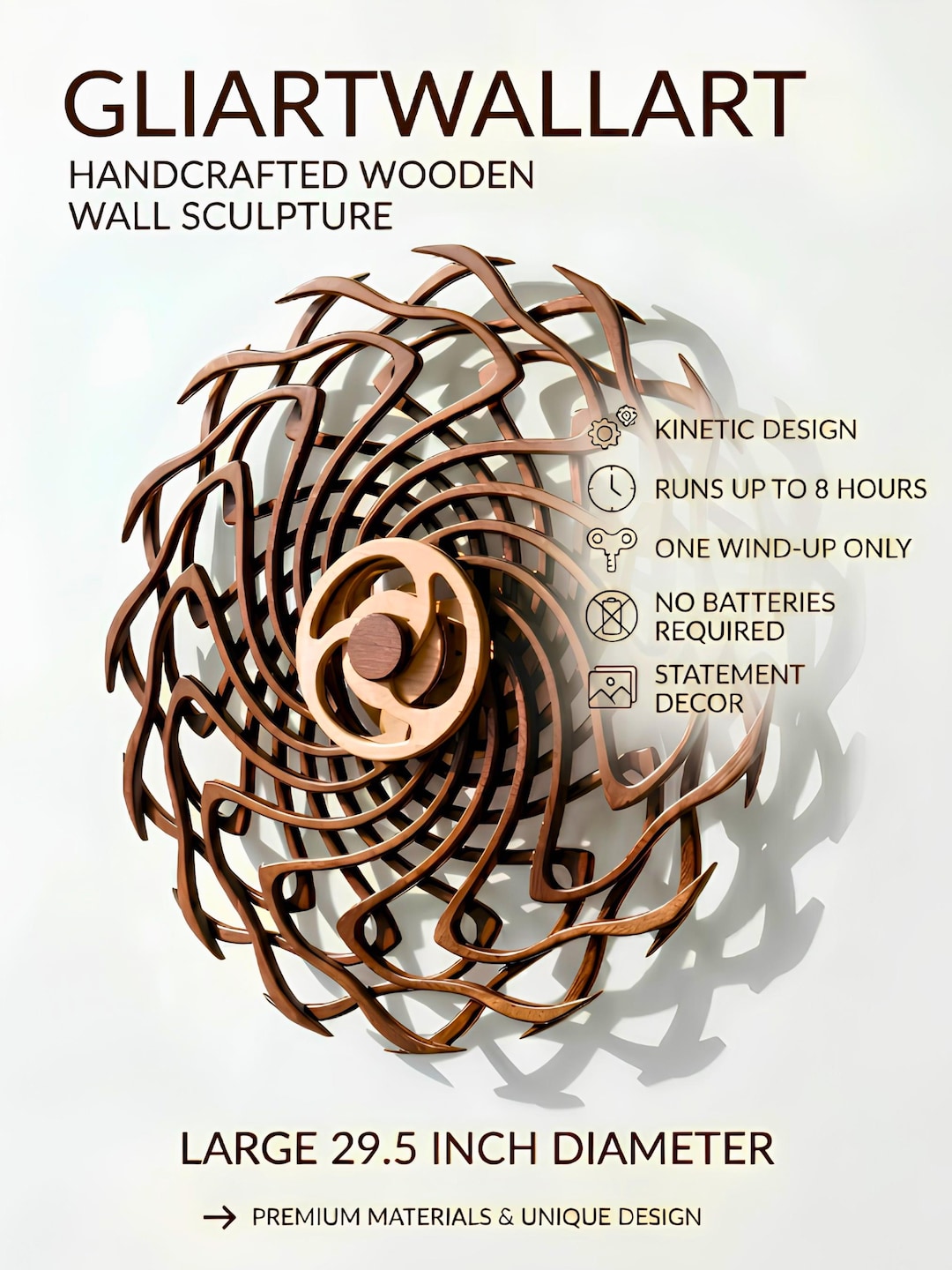 GLIART kinetic mandala wooden wall art with battery-free wind-up movement