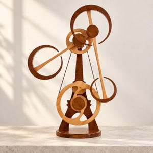 Può includere: Una scultura cinetica realizzata in legno chiaro e scuro, dotata di una base a torre centrale con bracci rotanti ed elementi circolari. Il design incorpora ingranaggi interconnessi e componenti bilanciati che creano una struttura meccanica complessa.