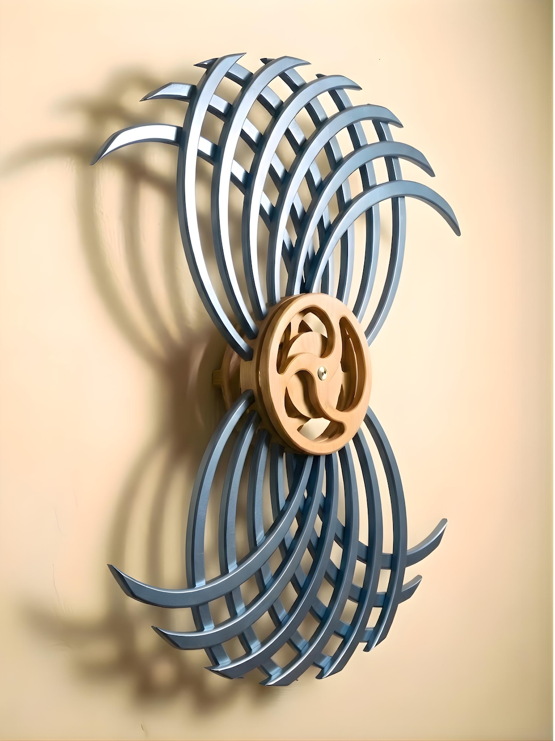 Kinetic wood wall art detail for home office decor
