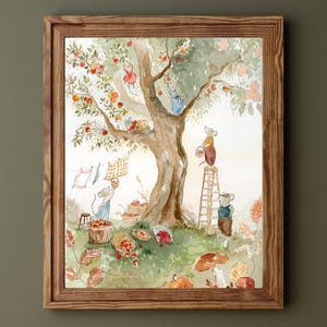 Apple picking mice watercolor illustration