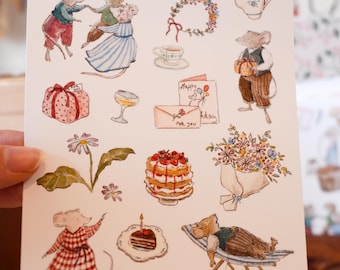 May include: A sticker sheet titled "Party mice" featuring watercolor illustrations of mice celebrating. The sheet includes images of mice dancing, holding gifts, and enjoying cake. Other images include a teapot, flowers, and a birthday card.