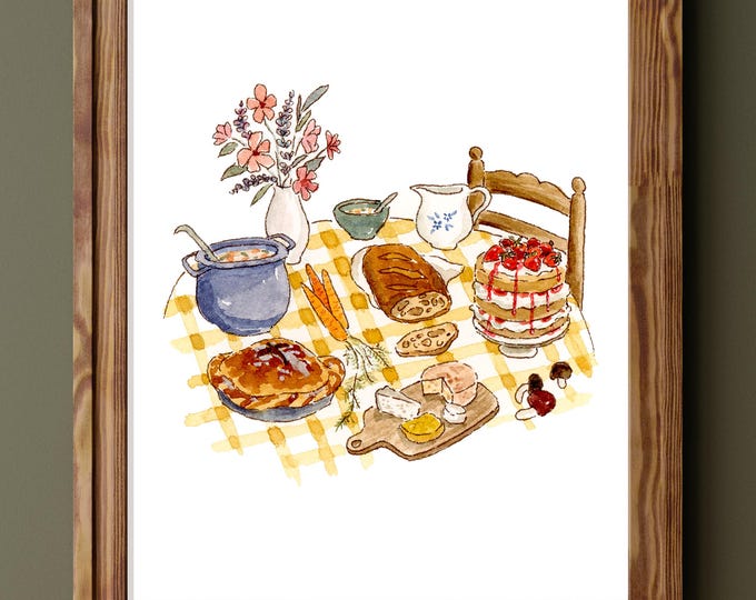 Cottagecore Lunch Watercolor Art Print, Cozy Food Illustration