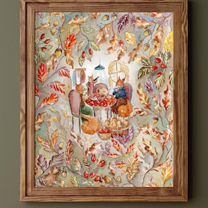 May include: Watercolour painting in a wooden frame. The artwork shows foxes gathered around a table with food. The background is filled with autumn leaves and acorns, creating a warm atmosphere. The scene is reminiscent of a woodland gathering.