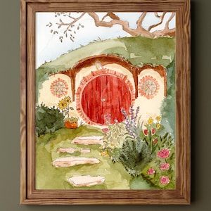 The Shire watercolor illustration, hobbit hole, Wall decor, Unframed print, handpainted illustration