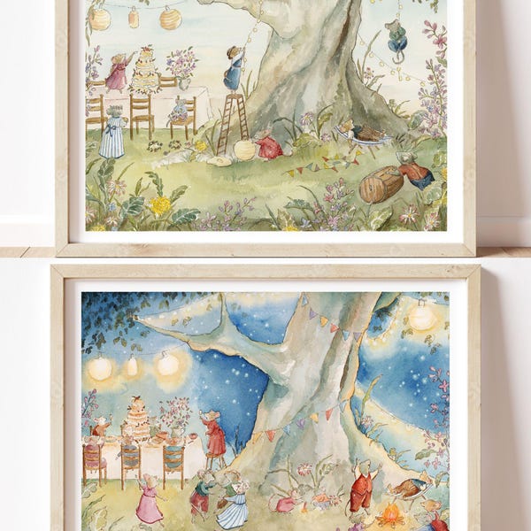Set of 2 Mice Watercolor Prints - Vintage Children's Nursery Art