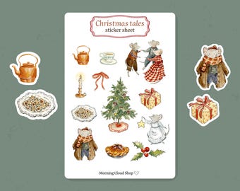 May include: A sticker sheet with watercolor illustrations of Christmas-themed images. The sheet includes a teapot, teacup, cookies, a Christmas tree, gift boxes, mice in festive attire, and the text "Christmas tales sticker sheet."