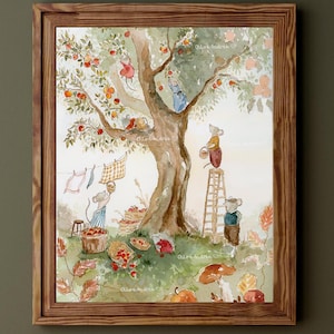 Apple picking mice watercolor illustration - Cozy Art Print, Vintage Nursery Decor, whimsical wall art