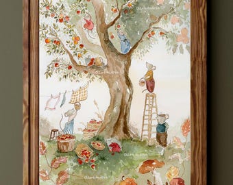 May include: Watercolor print in a wooden frame depicts mice harvesting apples from a large tree. The artwork features a whimsical scene with a ladder, baskets, and clotheslines, all set in a colorful autumn landscape.