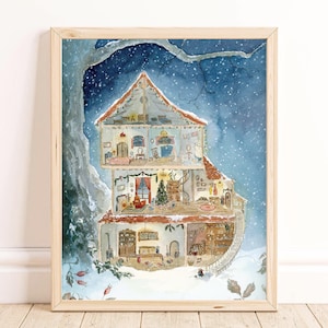 Mice Christmas House Watercolor Art Print