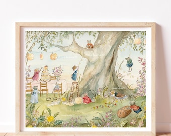 May include: Watercolor illustration of a whimsical mouse party under a large tree. Mice are depicted setting a table, climbing a ladder, and relaxing. The scene is framed in a light wood frame and features soft colors and floral details.