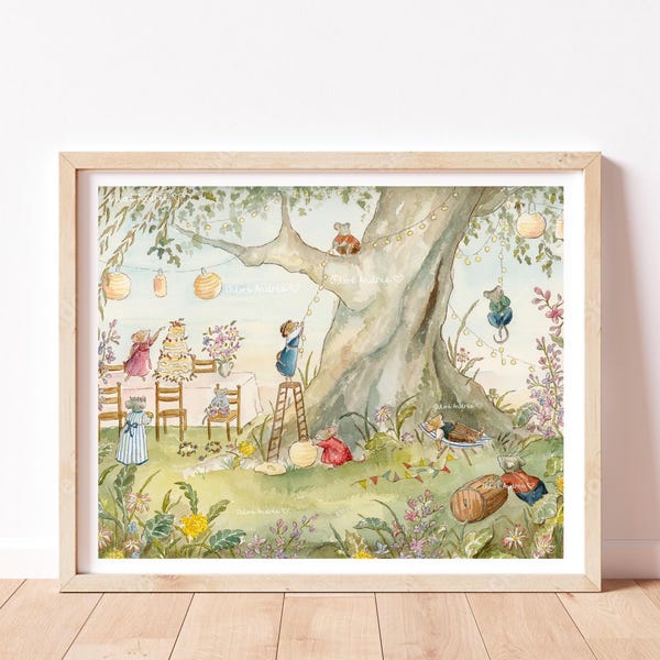 Mice Gathering Watercolor Hand-Painted Art Print - Vintage Nursery Decor, whimsical wall art