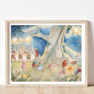 May include: Watercolor print of a whimsical scene featuring mice celebrating under a large tree. The artwork depicts a party with a cake, string lights, and colorful bunting. Mice are dancing, and gathered around a campfire, creating a festive atmosphere.