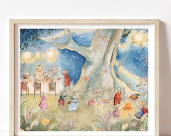 Impresión de acuarela de fiesta de ratones - Decoración vintage para habitación infantil