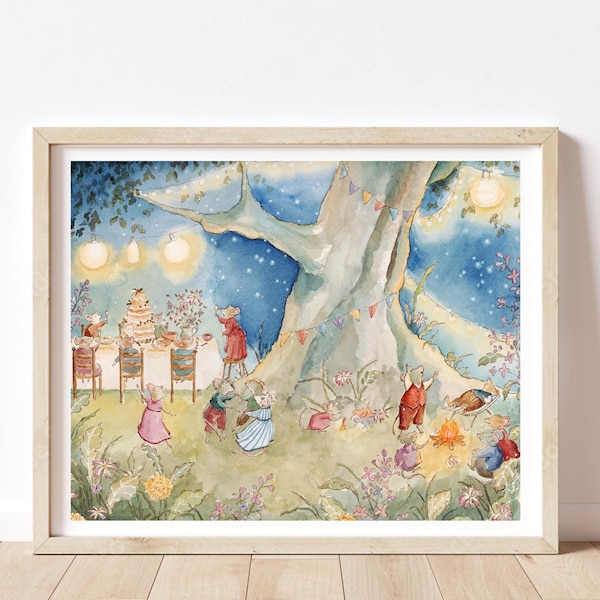 Lámina de acuarela "Fiesta de ratones" - Decoración vintage para guardería o habitación infantil.