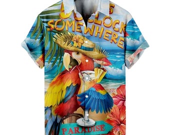 Summer Men's Hippie Shirt Cartoon Parrot Print Shirt for Men Lapel Button Top Trendy Streetwear Hip Hop Clothing Fashion Tee,Summer Hawaiian