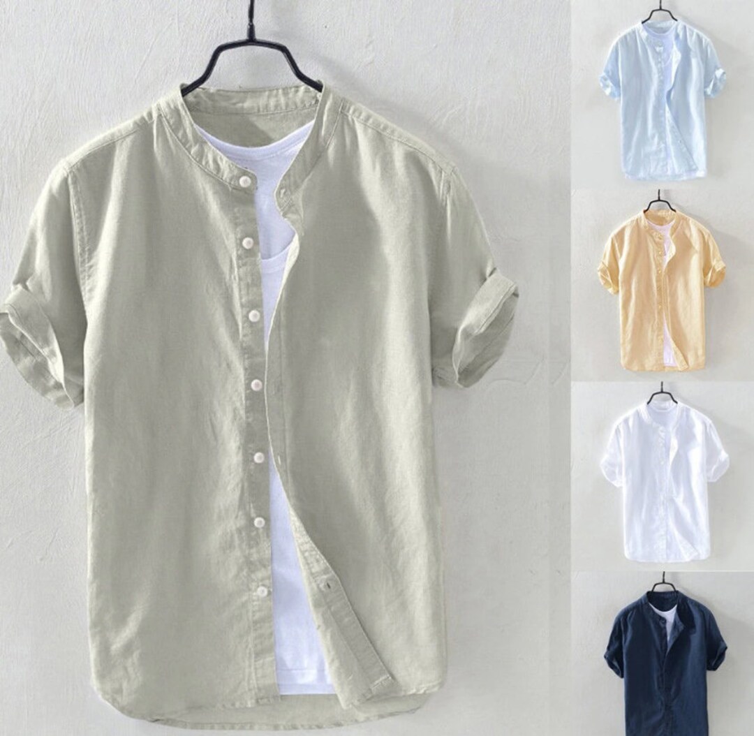 Shirt Men's Baggy Cotton Linen Pocket Shirts Solid Color Short Sleeve ...