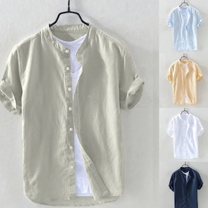 Shirt Men's Baggy Cotton Linen Pocket Shirts Solid Color Short Sleeve  Shirts Tops Summer Quick Dry Blouse Camisa Hombre/fathers Gifts