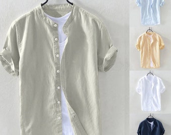 Camisa holgada de algodón y lino para Hombre, camisas con bolsillos, camisas de manga corta de Color sólido, blusas de verano de secado rápido, Camisa para Hombre/regalos para padres