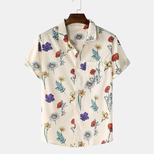 Floral Short Sleeve Loose Casual Hawaii Shirt, Summer Holiday Beach Clothing, Flower Buttons Blouse T-Shirt, Gift For Him,  Floral Tee