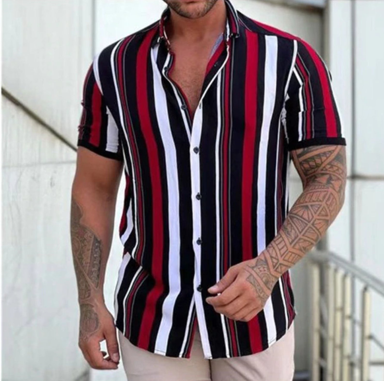 Men's Shirt Fashion Stripes Print Short Sleeve Shirt - Etsy