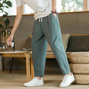 Basic  Men's Cotton Linen Pants Male Casual Solid Color Breathable Loose Trousers Straight Pants M-5XL/Family Gift