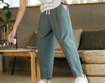 Basic  Men's Cotton Linen Pants Male Casual Solid Color Breathable Loose Trousers Straight Pants M-5XL/Family Gift