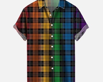 Sommer Herrenhemd Kariertes Gedruckt Kurzarm T-Shirt Farbe Button T-Shirt Hawaii Revers Harajuku Shirt für Männer Kleidung, Hawaiihemd