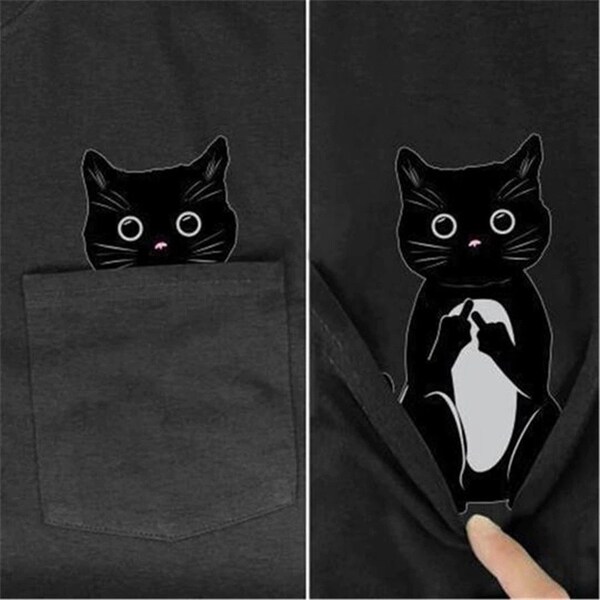 Funny Black Cat Middle Finger Pocket Printed T-Shirt, Funny Animal Cartoon Pocket Short Sleeve Shirt, Harajuku Casual Cotton Tops Tee