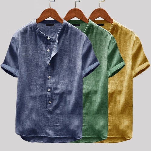 Harajuku Linen Short Sleeve Blouse T-Shirt, Breathable Street Casual Men Shirt, Linen Clothing, Solid Color Breathable Men Shirt